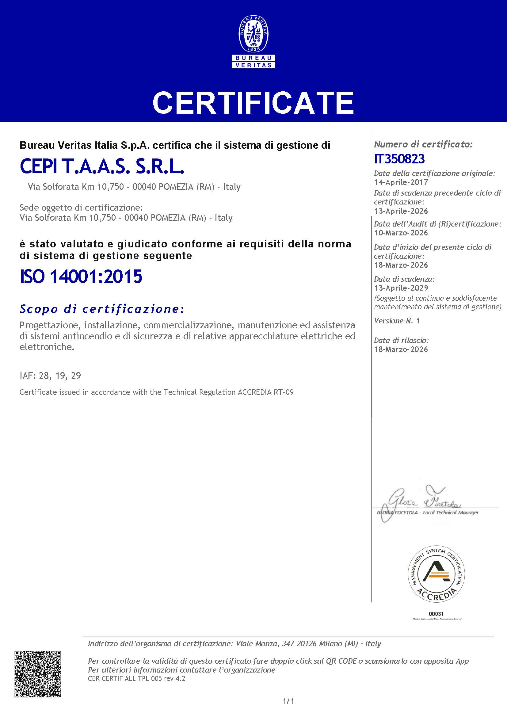 CEPI T.A.A.S. SRL – ISO 14001 – Certificato IT350823 Rev1